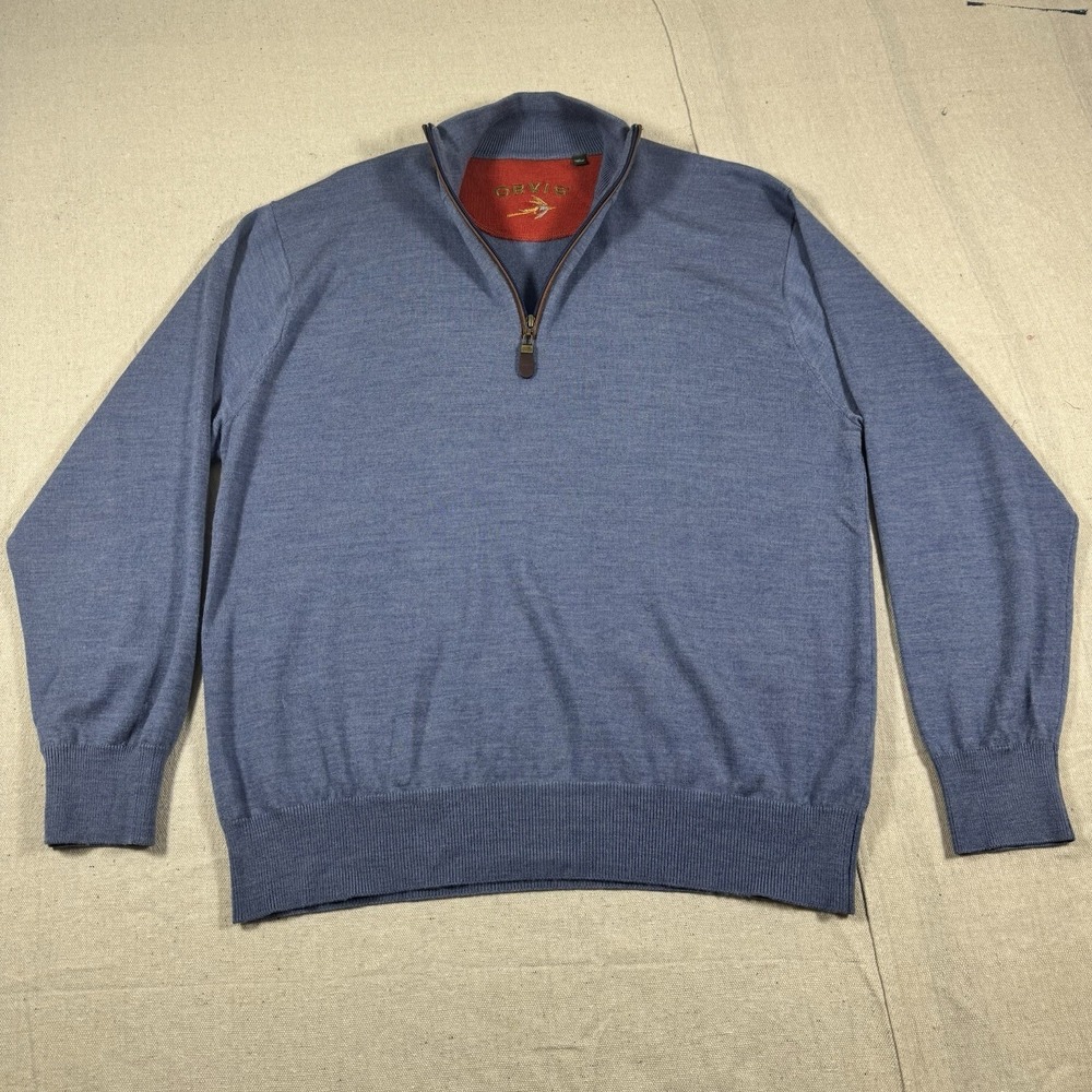 Orvis 100% Merino Wool‎ Quarter Zip Sweater Light Blue Men's Large Leather Pull